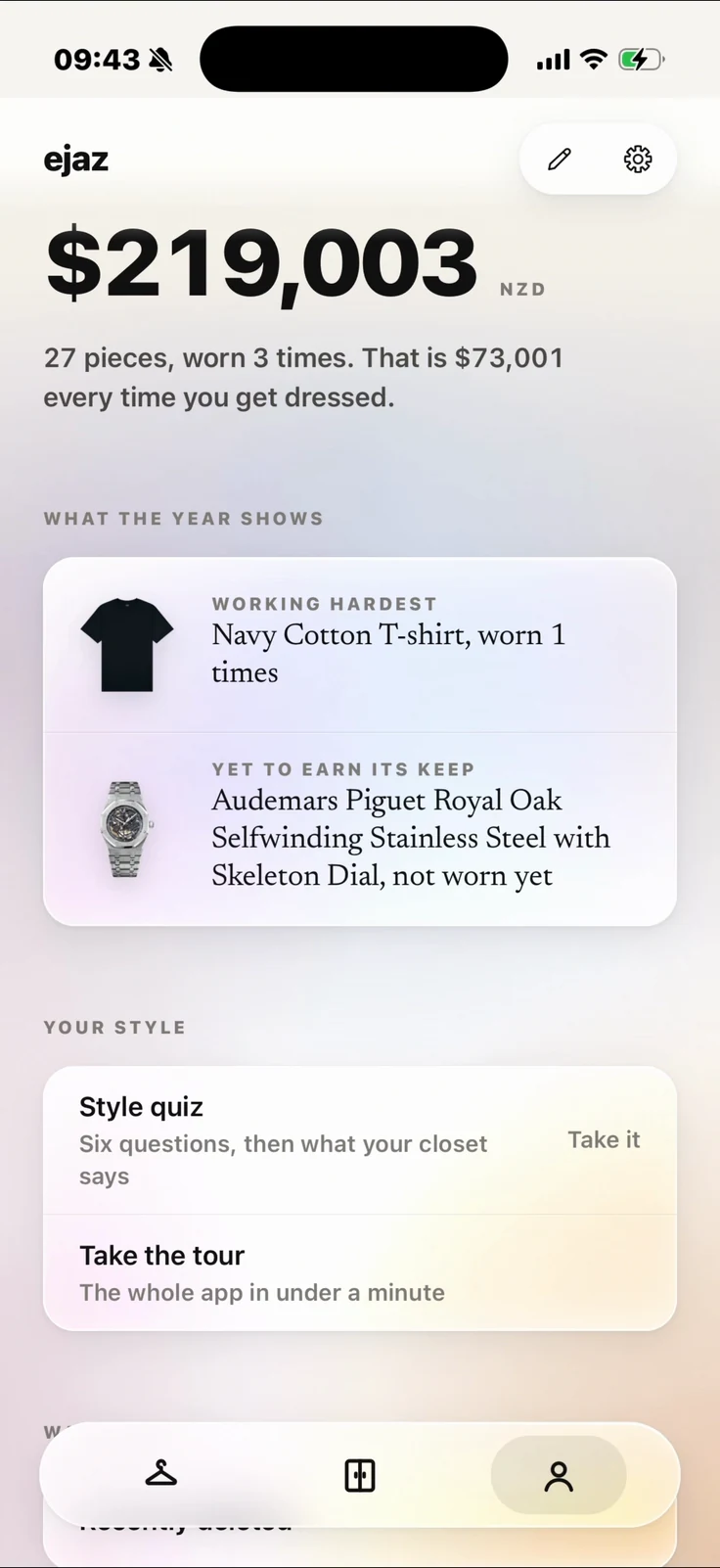 Vestis app screen: Wardrobe value