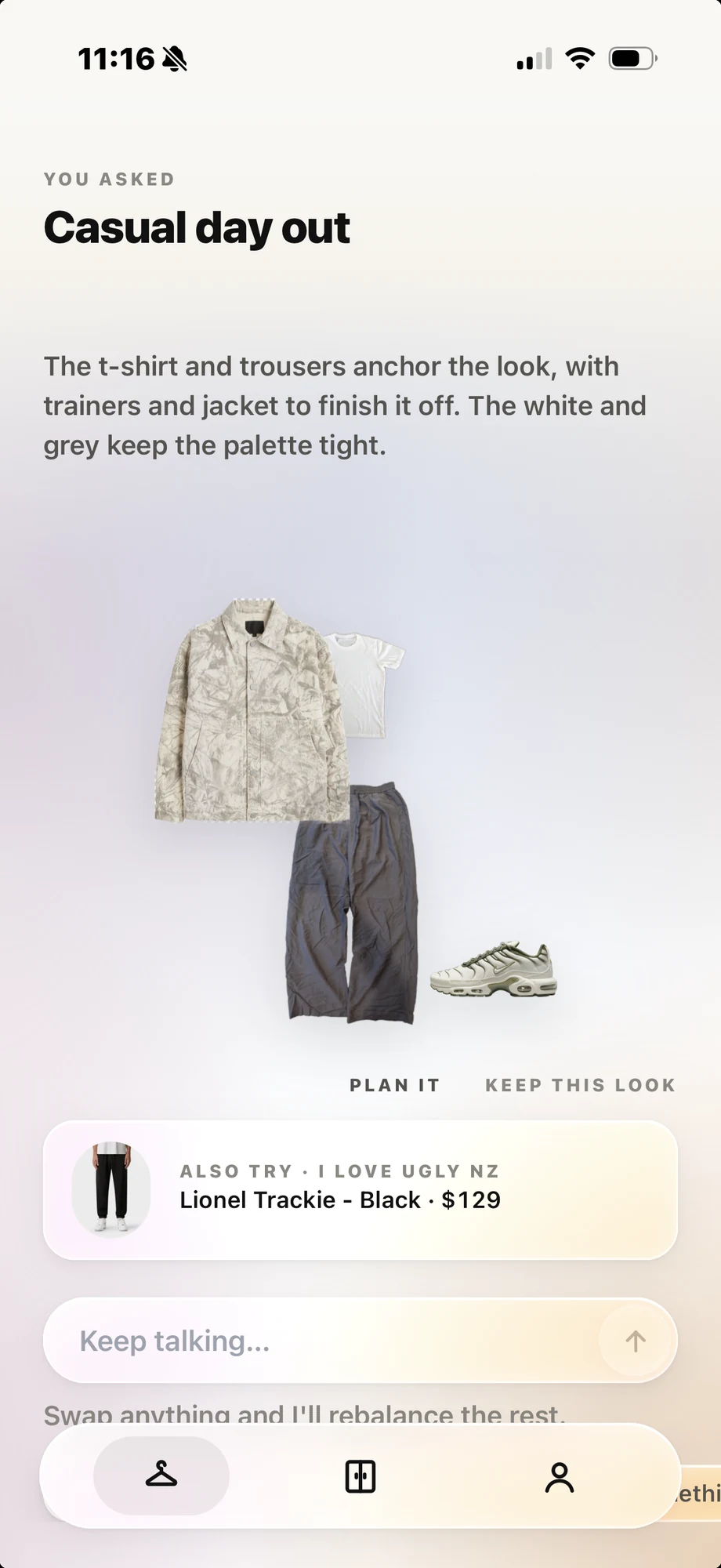 A look Vestis put together for a casual day out: a light jacket, white tee, grey trousers and trainers